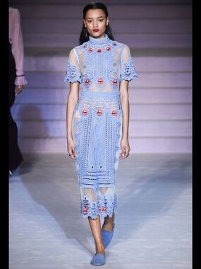 Temperley London Light Blue Embroidered Mesh Midi Dress with Red Lip Accents